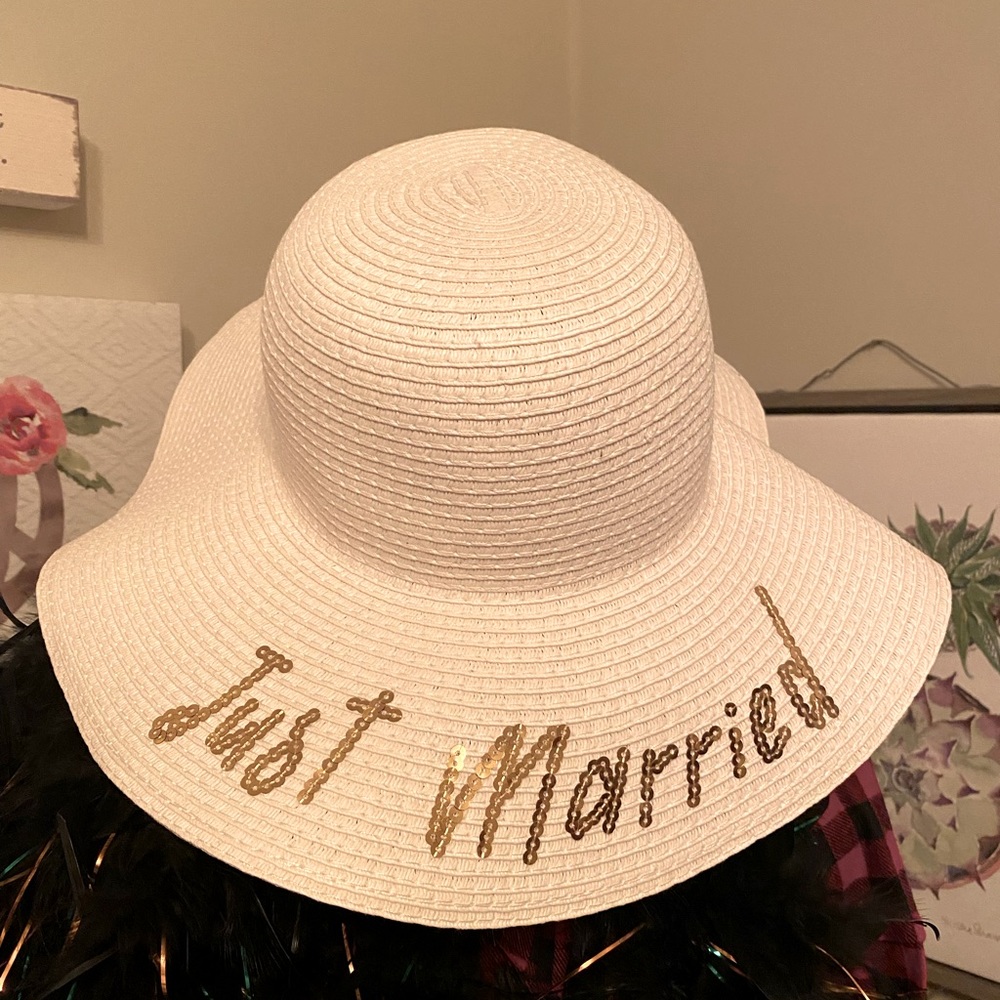 Gold Sequin, White Just Married Sun Hat